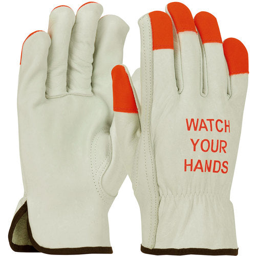 ‎68-165HV/XXL Leather Drivers Gloves - TG Cowhide - Superior Grade - Hi-Vis Orange Fingertips & Logo - Keystone - Exact Tool & Supply