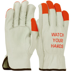 ‎68-165HV/XXL Leather Drivers Gloves - TG Cowhide - Superior Grade - Hi-Vis Orange Fingertips & Logo - Keystone - Exact Tool & Supply