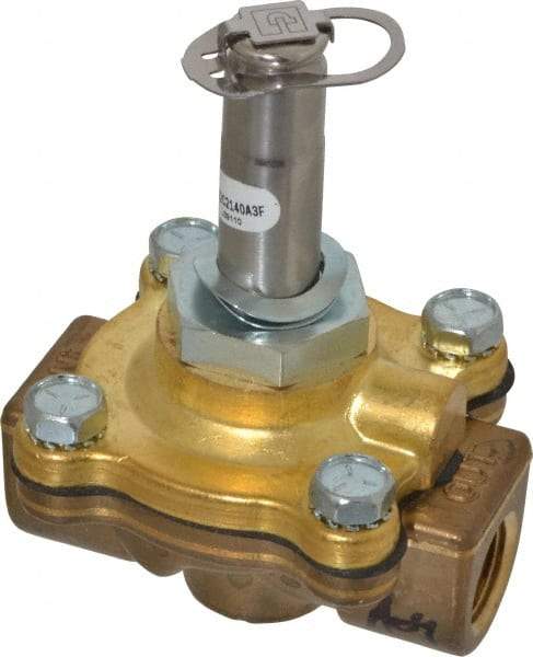 Parker - 3/8" Port, Two Way, Piloted Diaphragm, Brass Solenoid Valve - Normally Closed, 125 Max PSI, NBR Seal - Exact Tool & Supply