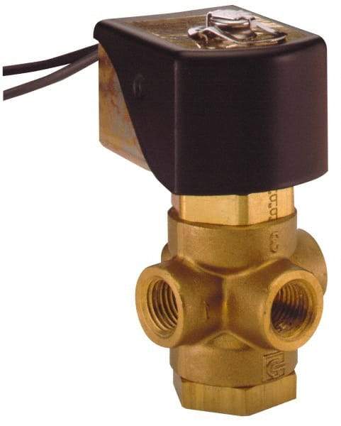 Parker - 1/4" Port, Three Way, Direct Acting, Brass Solenoid Valve - Universal, 125 Max PSI, NBR Seal - Exact Tool & Supply