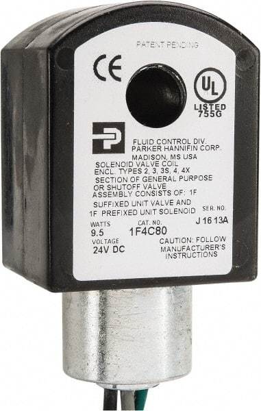 Parker - 24 Volt, 18 Coil Lead Length, Class F, Solenoid Coil - 9.5 Watt, NEMA 4X Enclosure, Use with Parker Skinner Gold Ring Series Valves - Exact Tool & Supply