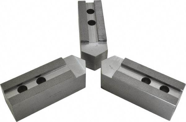 H & R Manufacturing - 1.5mm x 60° Serrated Attachment, Square Soft Lathe Chuck Jaw - 3 Jaws, Steel, 1.69" Btw Mount Hole Ctrs, 7-1/2" Long x 2-1/2" Wide x 2-1/2" High, 0.866" Groove, 20mm Fastener - Exact Tool & Supply