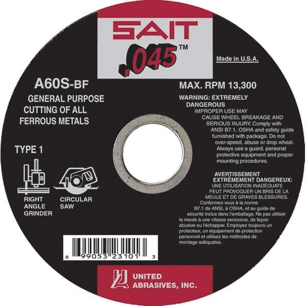 Sait - 6" 60 Grit Aluminum Oxide Cutoff Wheel - 0.045" Thick, 5/8" Arbor, 10,200 Max RPM, Use with Angle Grinders - Exact Tool & Supply