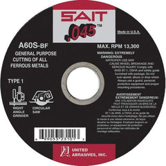 Sait - 6" 60 Grit Aluminum Oxide Cutoff Wheel - 0.045" Thick, 5/8" Arbor, 10,200 Max RPM, Use with Angle Grinders - Exact Tool & Supply