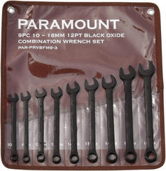 Paramount - 9 Piece, 10mm to 18mm, 12 Point Combination Wrench Set - Metric Measurement Standard, Black Oxide Finish, Comes in Canvas Roll - Exact Tool & Supply