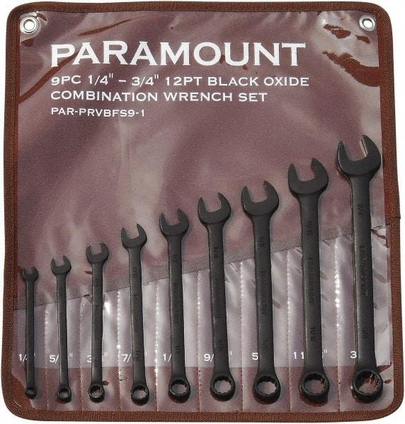 Paramount - 9 Piece, 1/4" to 3/4", 12 Point Combination Wrench Set - Inch Measurement Standard, Black Oxide Finish, Comes in Canvas Roll - Exact Tool & Supply