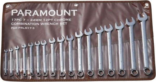 Paramount - 17 Piece, 7mm to 24mm, 12 Point Combination Wrench Set - Metric Measurement Standard, Full Polish Finish, Comes in Canvas Roll - Exact Tool & Supply