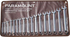 Paramount - 17 Piece, 7mm to 24mm, 12 Point Combination Wrench Set - Metric Measurement Standard, Full Polish Finish, Comes in Canvas Roll - Exact Tool & Supply