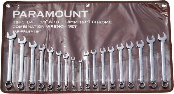Paramount - 18 Piece, 1/4" to 3/4" (10mm to 18mm), 12 Point Combination Wrench Set - Inch/Metric Measurement Standard, Full Polish Finish, Comes in Canvas Roll - Exact Tool & Supply