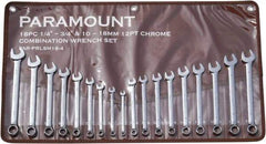 Paramount - 18 Piece, 1/4" to 3/4" (10mm to 18mm), 12 Point Combination Wrench Set - Inch/Metric Measurement Standard, Full Polish Finish, Comes in Canvas Roll - Exact Tool & Supply