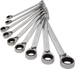 Paramount - 9 Piece, 9/32" to 3/4", 12 Point Ratcheting Reversible Combination Wrench Set - Inch Measurement Standard, Chrome Finish, Comes in Canvas Roll - Exact Tool & Supply