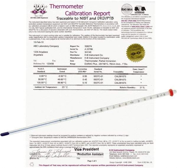 H-B Instruments - -20 to 110°C, Organic Filled Precision Thermometer - 12 Inch Immersion Length - Exact Tool & Supply