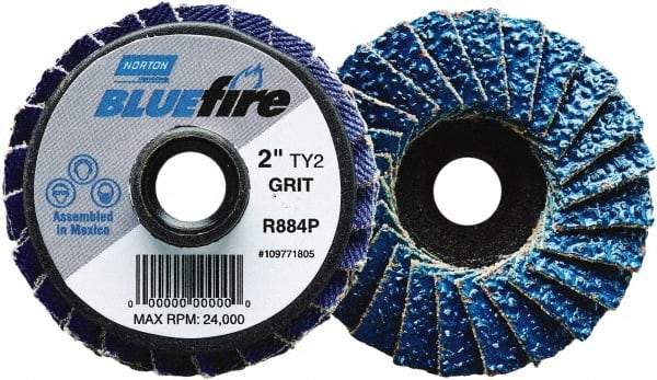 Norton - 80 Grit, 2" Disc Diam, Type 27 Zirconia Alumina Flap Disc - 30,000 Max RPM, Fiberglass Backing, Quick Change Type S Attaching System, Coated - Exact Tool & Supply