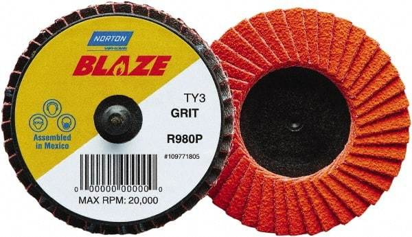 Norton - 120 Grit, 3" Disc Diam, Type 27 Ceramic Alumina Flap Disc - 30,000 Max RPM, Fiberglass Backing, Quick Change Type R Attaching System, Coated - Exact Tool & Supply