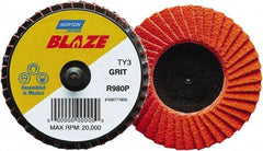 Norton - 120 Grit, 3" Disc Diam, Type 27 Ceramic Alumina Flap Disc - 30,000 Max RPM, Fiberglass Backing, Quick Change Type R Attaching System, Coated - Exact Tool & Supply