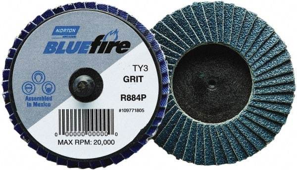 Norton - 36 Grit, 3" Disc Diam, Type 27 Zirconia Alumina Flap Disc - 30,000 Max RPM, Fiberglass Backing, Quick Change Type R Attaching System, Coated - Exact Tool & Supply