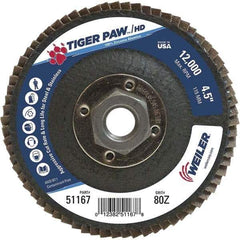 Weiler - 80 Grit, 4-1/2" Disc Diam, 5/8-11 Center Hole, Type 27 Zirconia Alumina Flap Disc - 12,000 Max RPM, Phenolic Backing, Arbor Attaching System, Coated - Exact Tool & Supply
