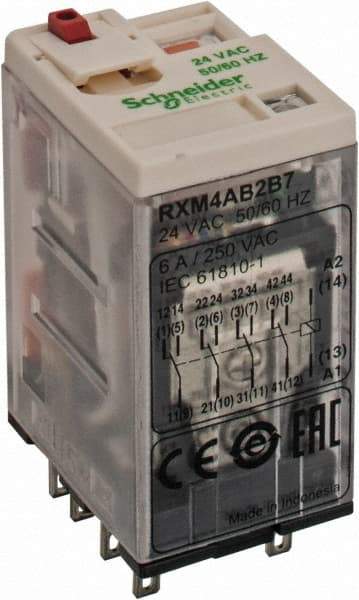 Square D - 14 Pins, 1.2 VA Power Rating, Ice Cube Electromechanical Plug-in General Purpose Relay - 6 Amp at 277 VAC, 4PDT, 24 VAC, 21mm Wide x 40mm High x 27mm Deep - Exact Tool & Supply