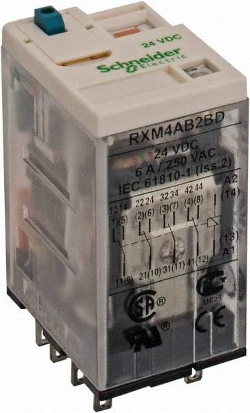 Square D - 14 Pins, Ice Cube Electromechanical Plug-in General Purpose Relay - 6 Amp at 277 VAC, 4PDT, 24 VDC, 21mm Wide x 40mm High x 27mm Deep - Exact Tool & Supply