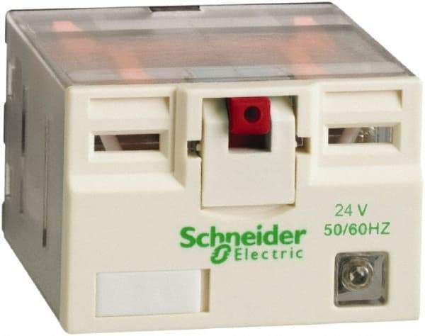 Square D - 14 Pins, 2.5 VA Power Rating, Ice Cube Electromechanical Plug-in General Purpose Relay - 15 Amp at 250 VAC, 4PDT, 24 VAC, 41mm Wide x 39mm High x 27mm Deep - Exact Tool & Supply