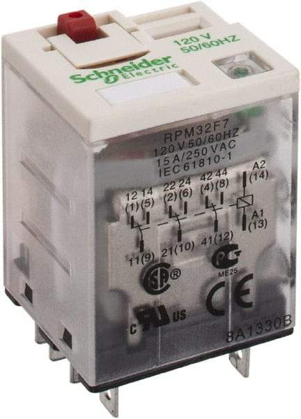Square D - 11 Pins, 1.7 VA Power Rating, Ice Cube Electromechanical Plug-in General Purpose Relay - 15 Amp at 250 VAC, 3PDT, 120 VAC, 31mm Wide x 39mm High x 27mm Deep - Exact Tool & Supply