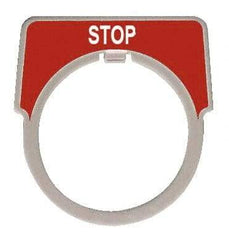 Square D - Half Round, Aluminum Legend Plate - Stop - Red Background, White Letters, 1.18 Inch Hole Diameter - Exact Tool & Supply