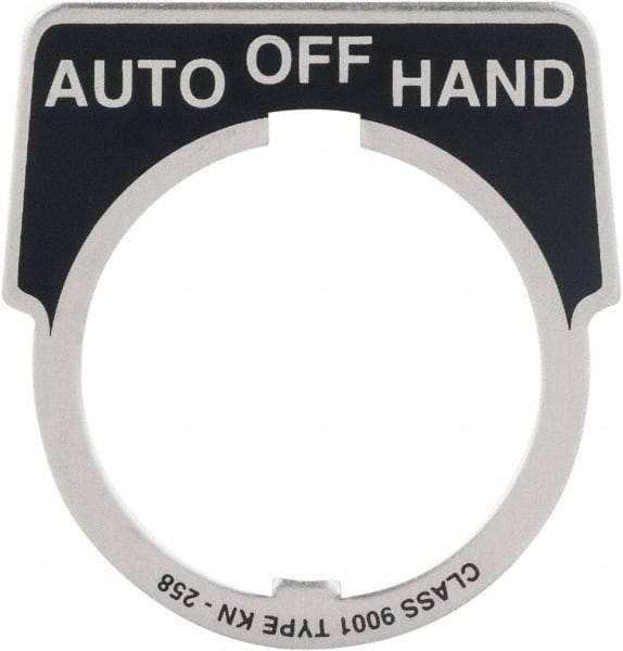 Square D - Metal Legend Plate - Auto-Off-Hand - Black Background, White Letters, 30mm Hole Diameter - Exact Tool & Supply