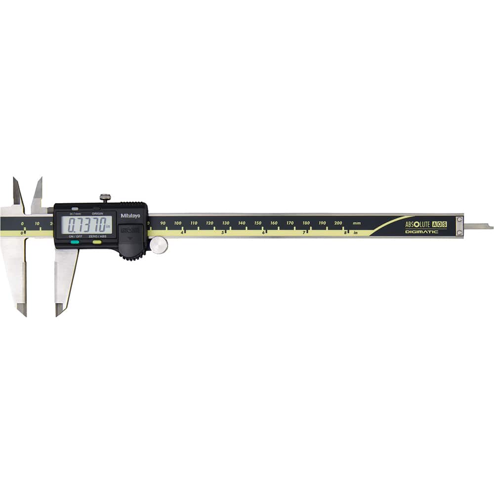 Mitutoyo - Electronic Calipers; Minimum Measurement (Decimal Inch): 0.0000 ; Maximum Measurement (Decimal Inch): 8 ; Maximum Measurement (mm): 200.00 ; Accuracy Plus/Minus (Decimal Inch): 0.0010 ; Resolution (Decimal Inch): 0.0005 ; Resolution (mm): 0.01 - Exact Tool & Supply