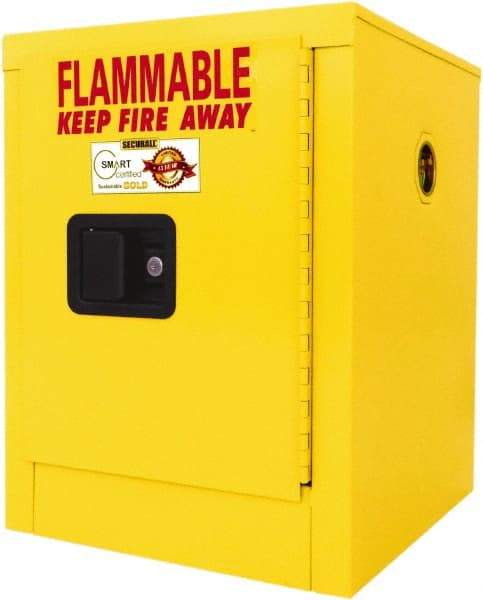 Securall Cabinets - 1 Door, 1 Shelf, Yellow Steel Standard Safety Cabinet for Flammable and Combustible Liquids - 22" High x 17" Wide x 17" Deep, Manual Closing Door, 3 Point Key Lock, 4 Gal Capacity - Exact Tool & Supply