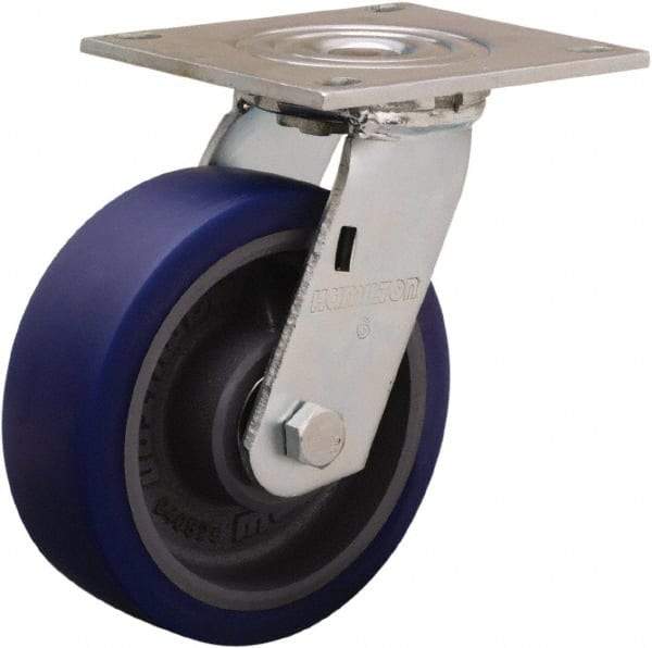 Hamilton - 6" Diam x 2" Wide x 7-1/2" OAH Top Plate Mount Swivel Caster - Polyurethane Mold onto Cast Iron Center, 900 Lb Capacity, Sealed Precision Ball Bearing, 5 x 5-1/2" Plate - Exact Tool & Supply