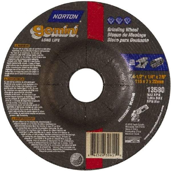 Norton - 4-1/2" Wheel Diam, 1/4" Wheel Thickness, 7/8" Arbor Hole, Type 27 Depressed Center Wheel - Aluminum Oxide - Exact Tool & Supply