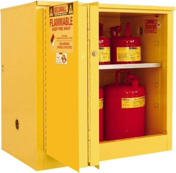 Securall Cabinets - 2 Door, 1 Shelf, Yellow Steel Standard Safety Cabinet for Flammable and Combustible Liquids - 35" High x 36" Wide x 24" Deep, Sliding Door, 3 Point Key Lock, 30 Gal Capacity - Exact Tool & Supply