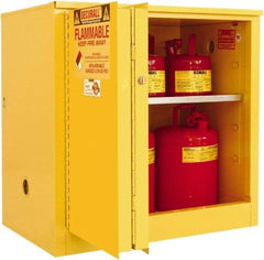 Securall Cabinets - 2 Door, 1 Shelf, Yellow Steel Standard Safety Cabinet for Flammable and Combustible Liquids - 35" High x 36" Wide x 24" Deep, Sliding Door, 3 Point Key Lock, 30 Gal Capacity - Exact Tool & Supply