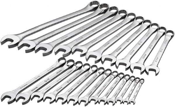 SK - 23 Piece, 8mm to 32mm, 12 Point Combination Wrench Set - Metric Measurement Standard, Chrome Finish, Comes in Rack - Exact Tool & Supply