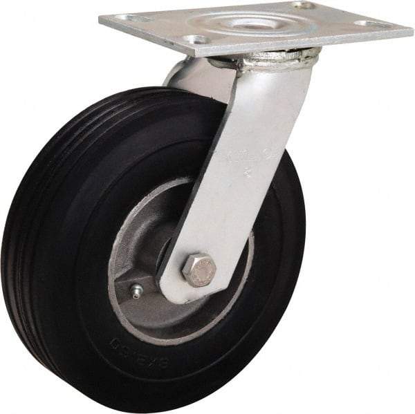 Hamilton - 8" Diam x 2" Wide, Rubber Swivel Caster - 500 Lb Capacity, Top Plate Mount, 4-1/2" x 6-1/4" Plate, Straight Roller Bearing - Exact Tool & Supply