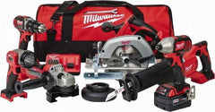 Milwaukee Tool - 18 Volt Cordless Tool Combination Kit - Includes 1/2" Hammer Drill Driver, 1/4" Impact Driver, 1-Hour Charger, Circular Saw, Contractor Bag, Cut-Off Grinder, Reciprocating Saw, Sawzall Blade & Work Light, Lithium-Ion Battery Included - Exact Tool & Supply