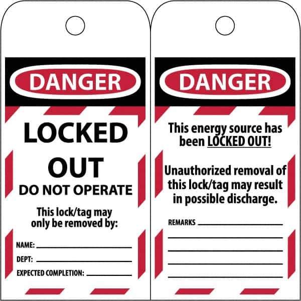 NMC - 3" High x 6" Long, LOCKED OUT - DO NOT OPERATE, English Safety & Facility Lockout Tag - Tag Header: Danger, 2 Sides, Black & Red Poly - Exact Tool & Supply