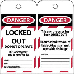 NMC - 3" High x 6" Long, LOCKED OUT - DO NOT OPERATE, English Safety & Facility Lockout Tag - Tag Header: Danger, 2 Sides, Black & Red Poly - Exact Tool & Supply