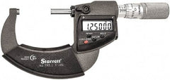 Starrett - 1 to 2" Range, Standard Throat IP67 Electronic Outside Micrometer - Friction Thimble, Carbide Face, CR2032 Battery - Exact Tool & Supply
