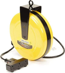 Reelcraft - 16 AWG, 30' Cable Length, Cord & Cable Reel with Outlet End - 3 Outlets, NEMA 5-15R, 10 Amps, 125 Volts, SJTW Cable, Yellow Reel, Spring Driven Reel - Exact Tool & Supply