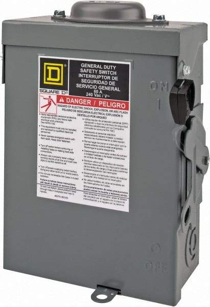 Square D - 60 Amp, 240 V, 3 Pole Nonfused Safety Switch - NEMA 3R, 10 hp at 240 VAC (Single Phase), 15 hp at 240 VAC (Triple Phase), 3PST Contact Form - Exact Tool & Supply
