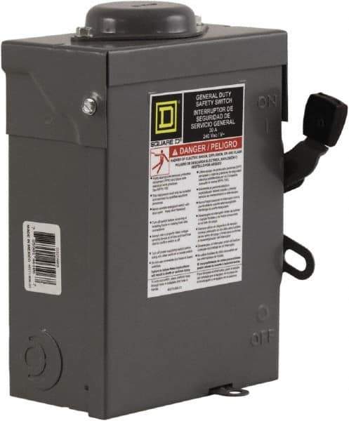 Square D - 30 Amp, 240 V, 3 Pole Fused Safety Switch - NEMA 3R, 3 hp at 240 VAC (Single Phase), 7.5 hp at 240 VAC (Triple Phase), 3PST Contact Form - Exact Tool & Supply