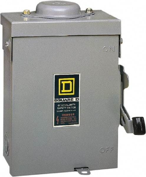 Square D - 30 Amp, 240 V, 2 Pole Fused Safety Switch - NEMA 3R, 3 hp at 240 VAC (Single Phase), 7.5 hp at 240 VAC (Triple Phase), DPST Contact Form - Exact Tool & Supply