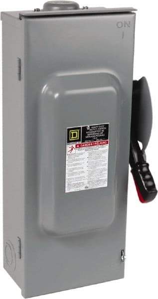 Square D - 100 Amp, 600 VAC/VDC, 3 Pole Fused Safety Switch - NEMA 3R, 30 hp at 480 VAC (Single Phase), 75 hp at 600 VAC, 50 hp at 600 VDC (Triple Phase), 3PST Contact Form - Exact Tool & Supply