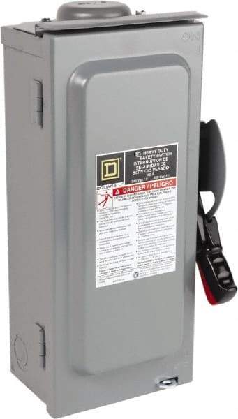 Square D - 60 Amp, 240 VAC, 250 VDC, 3 Pole Fused Safety Switch - NEMA 3R, 10 hp at 240 VAC, 10 hp at 250 VDC (Single Phase), 15 hp at 240 VAC, 10 hp at 250 VDC (Triple Phase), 3PST Contact Form - Exact Tool & Supply