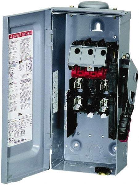Square D - 30 Amp, 240 VAC, 250 VDC, 2 Pole Fused Safety Switch - NEMA 3R, 3 hp at 240 VAC (Single Phase), 7.5 hp at 240 VAC, 5 hp at 250 VDC (Triple Phase), DPST Contact Form - Exact Tool & Supply