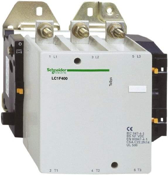 Schneider Electric - 3 Pole, 400 Amp at 440 VAC and 500 Amp at 440 VAC, Nonreversible IEC Contactor - Bureau Veritas, CCC, CSA, DNV, EN/IEC 60947-1, EN/IEC 60947-4-1, GL, JEM 1038, LROS, RINA, RMRoS, RoHS Compliant, UL Listed - Exact Tool & Supply