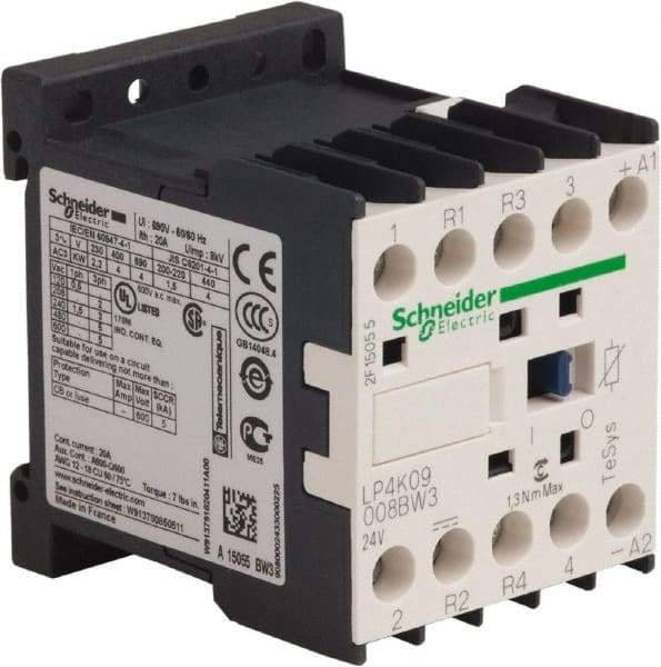Schneider Electric - 4 Pole, 24 Coil VDC, 16 Amp at 690 VAC and 20 Amp at 440 VAC, Nonreversible IEC Contactor - BS 5424, CSA, IEC 60947, NF C 63-110, RoHS Compliant, UL Listed, VDE 0660 - Exact Tool & Supply