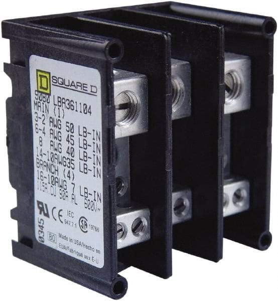 Square D - 3 Poles, 115 (Copper), 90 (Aluminium) Amp, Thermoplastic Power Distribution Block - 600 VAC, 1 Primary Connection - Exact Tool & Supply