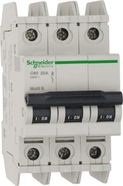 Schneider Electric - 25 Amp, 125 VDC, 240 VAC, 60 VDC, 3 Pole, DIN Rail Mount, Fixed Mount Miniature Circuit Breaker - Thermal Magnetic Trip, Multiple Breaking Capacity Ratings, 73mm Deep x 107mm High x 54mm Wide - Exact Tool & Supply